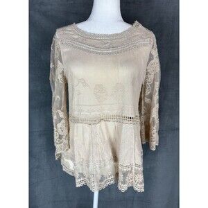 Lace Crochet Overlay Top Size S/M Beige Flare Sleeve Sheer Boho Festival